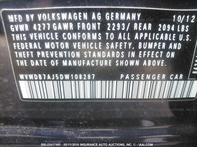 WVWDB7AJ5DW108287 - 2013 VOLKSWAGEN GOLF BLUE photo 9