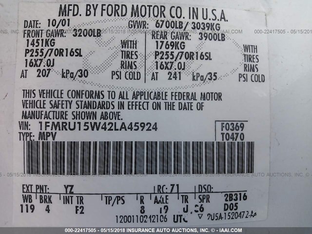 1FMRU15W42LA45924 - 2002 FORD EXPEDITION XLT 白色 照片 9