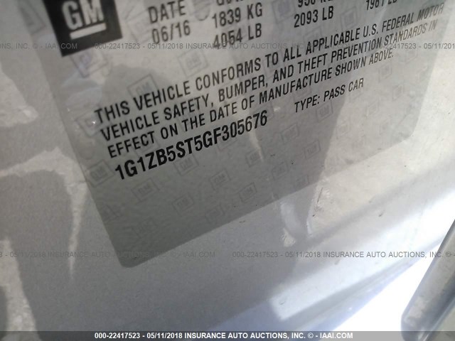 1G1ZB5ST5GF305676 - 2016 CHEVROLET MALIBU LS 银色 照片 9