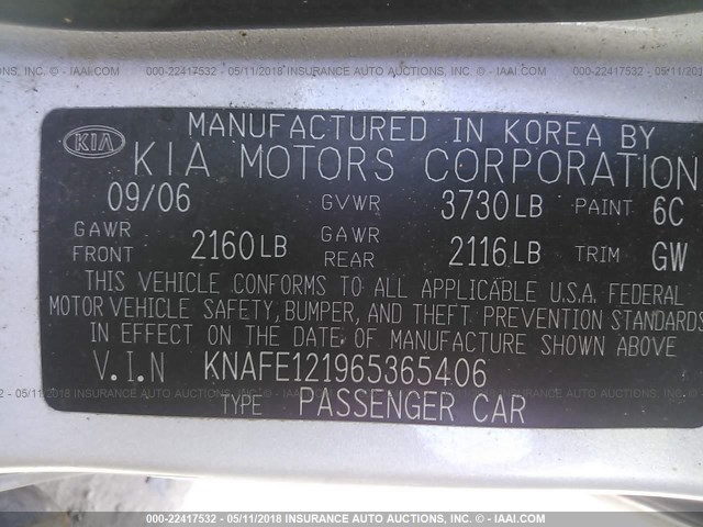 KNAFE121965365406 - 2006 KIA NEW SPECTRA LX/EX SILVER photo 9