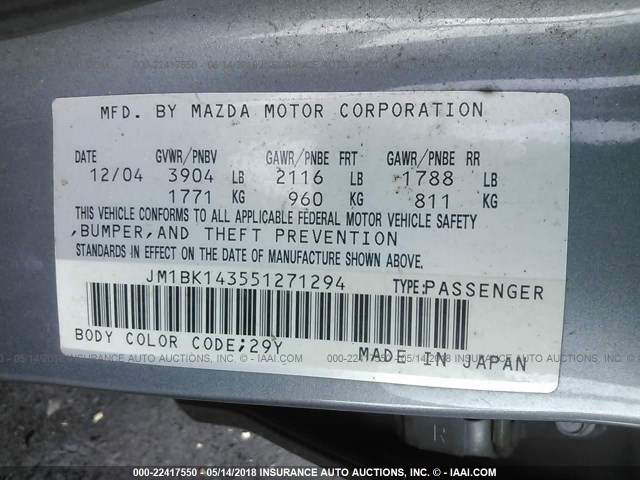 JM1BK143551271294 - 2005 MAZDA 3 HATCHBACK GRAY photo 9