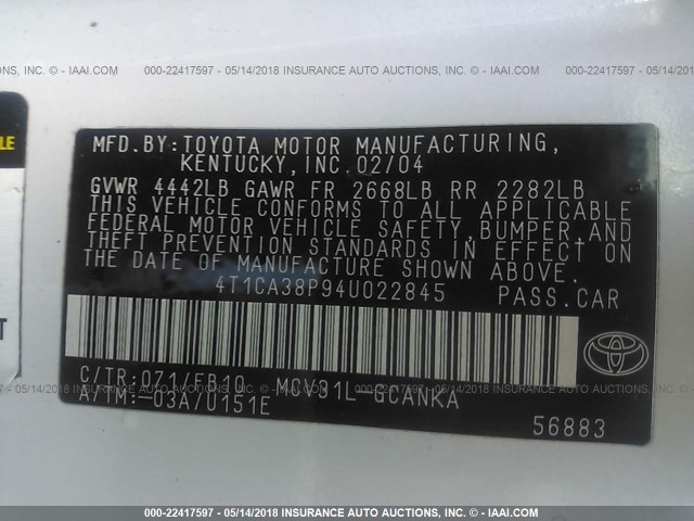 4T1CA38P94U022845 - 2004 TOYOTA CAMRY SOLARA SE/SLE თეთრი ფოტო 9