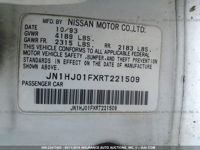 JN1HJ01FXRT221509 - 1994 NISSAN MAXIMA GXE WHITE photo 9