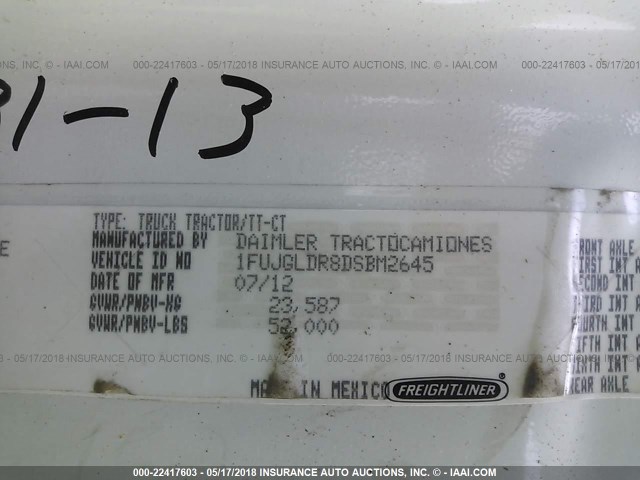 1FUJGLDR8DSBM2645 - 2013 FREIGHTLINER CASCADIA 125  WHITE photo 10