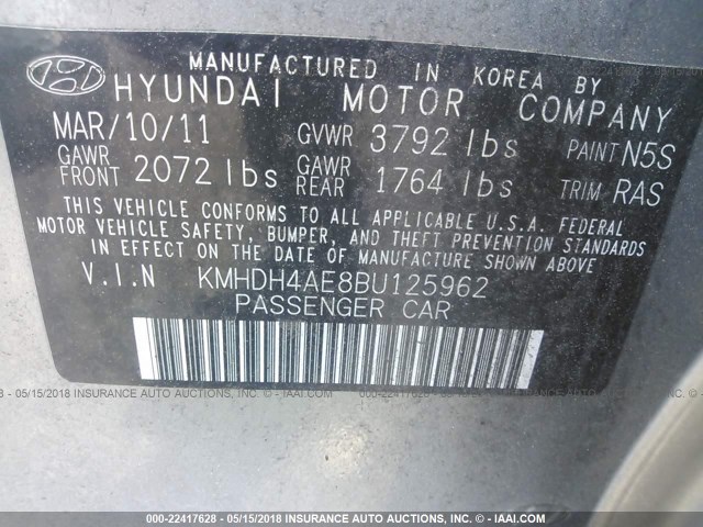KMHDH4AE8BU125962 - 2011 HYUNDAI ELANTRA GLS/LIMITED GRAY photo 9