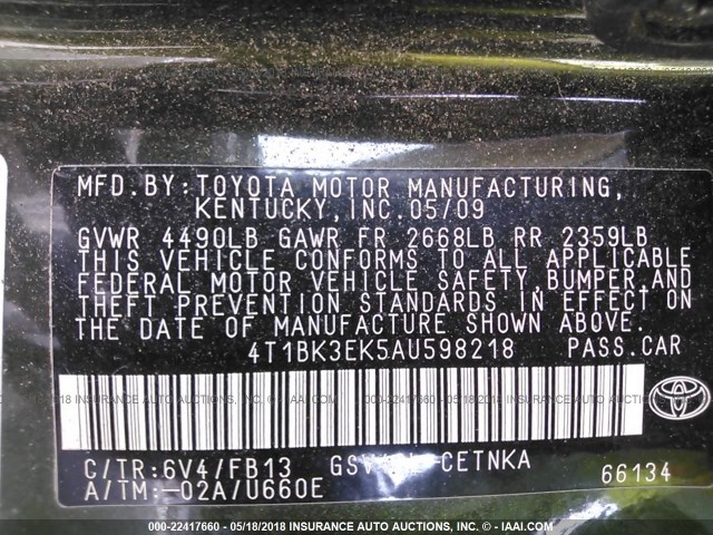 4T1BK3EK5AU598218 - 2010 TOYOTA CAMRY SE/LE/XLE GREEN photo 9