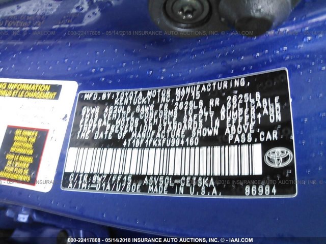 4T1BF1FKXFU994160 - 2015 TOYOTA CAMRY LE/XLE/SE/XSE BLUE photo 9