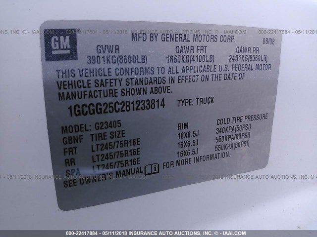 1GCGG25C281233814 - 2008 CHEVROLET EXPRESS G2500  WHITE photo 9