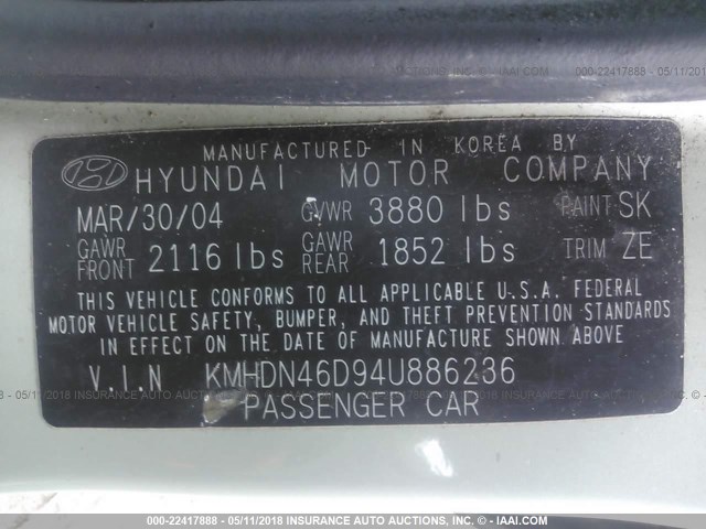 KMHDN46D94U886236 - 2004 HYUNDAI ELANTRA GLS/GT GREEN photo 9