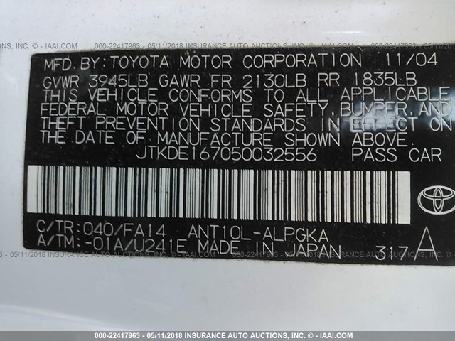 JTKDE167050032556 - 2005 TOYOTA SCION TC 白色 照片 9