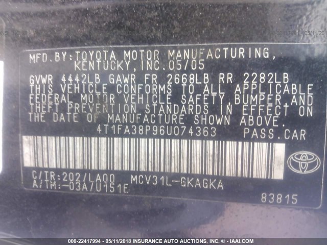 4T1FA38P96U074363 - 2006 TOYOTA CAMRY SOLARA SE/SLE Qara foto 9