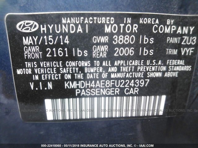 KMHDH4AE8FU224397 - 2015 HYUNDAI ELANTRA SE/SPORT/LIMITED BLUE photo 9