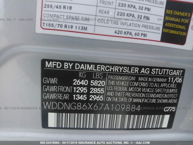 WDDNG86X67A109884 - 2007 MERCEDES-BENZ S 550 4MATIC SILVER photo 9