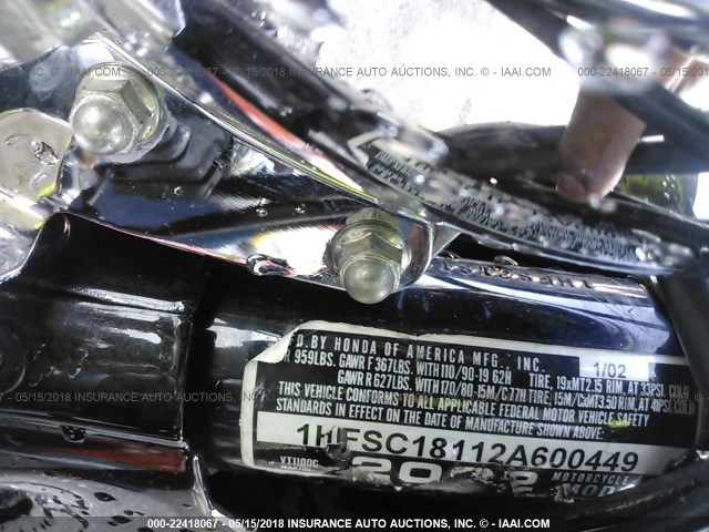 1HFSC18112A600449 - 2002 HONDA VT1100 C BLACK photo 10