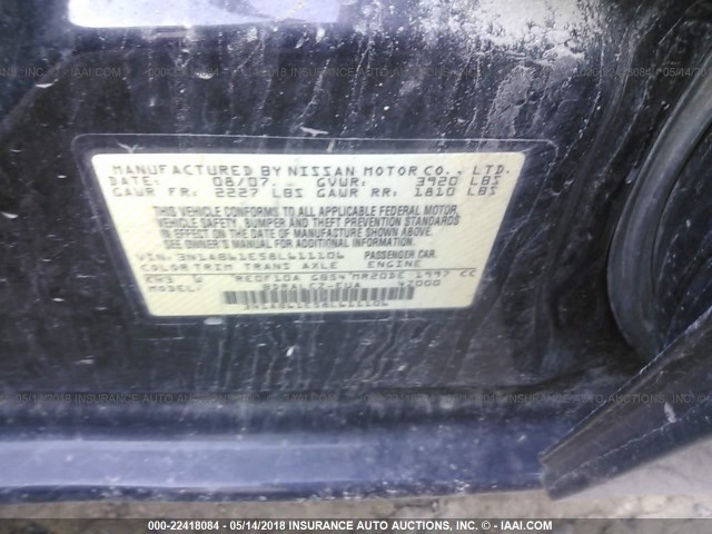 3N1AB61E58L611106 - 2008 NISSAN SENTRA 2.0/2.0S/2.0SL BLACK photo 9