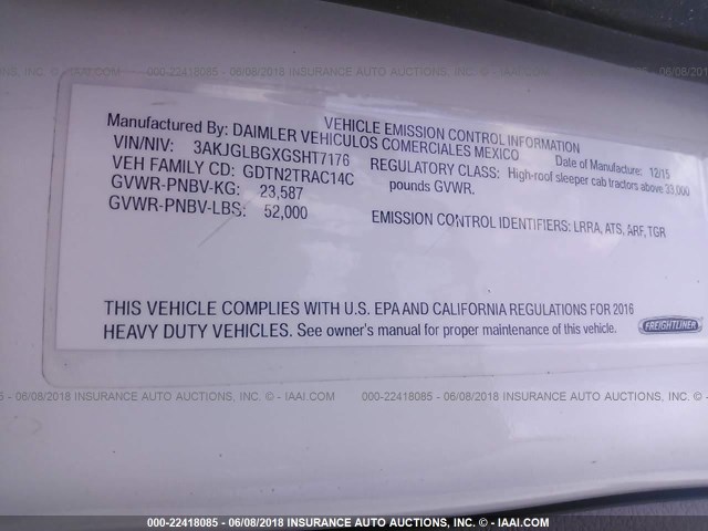 3AKJGLBGXGSHT7176 - 2016 FREIGHTLINER CASCADIA 125  BLACK photo 10