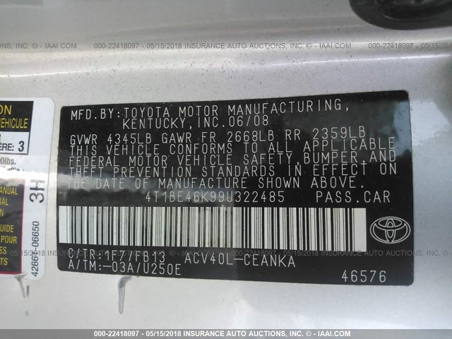 4T1BE46K99U322485 - 2009 TOYOTA CAMRY SE/LE/XLE SILVER photo 9