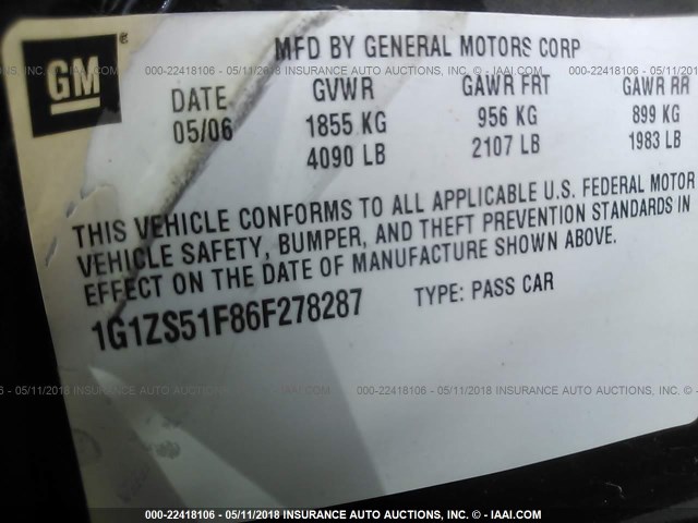 1G1ZS51F86F278287 - 2006 CHEVROLET MALIBU LS 蓝色 照片 9