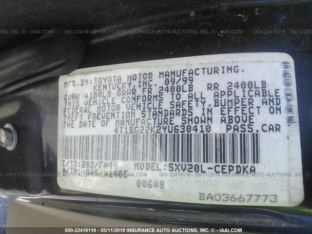 4T1BG22K2YU630410 - 2000 TOYOTA CAMRY CE/LE/XLE 黑色 照片 9