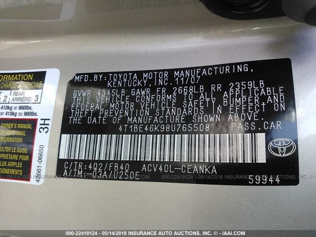 4T1BE46K98U765508 - 2008 TOYOTA CAMRY CE/LE/XLE/SE GOLD photo 9