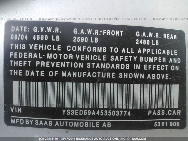 YS3ED59A453503774 - 2005 SAAB 9-5 ARC SILVER photo 9