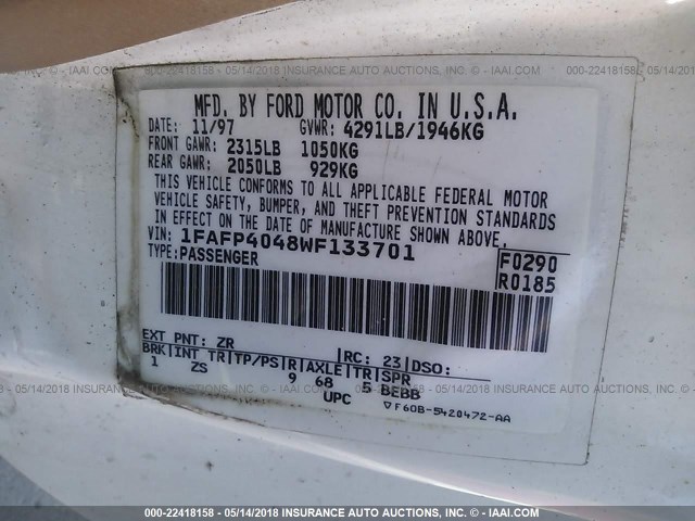 1FAFP4048WF133701 - 1998 FORD MUSTANG WHITE photo 9