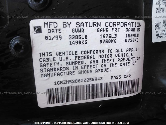 1G8ZH5280XZ255943 - 1999 SATURN SL1 BLACK photo 9