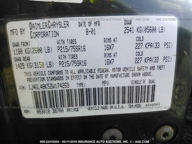 1J4GL48K52W174269 - 2002 JEEP LIBERTY SPORT 绿色 照片 9