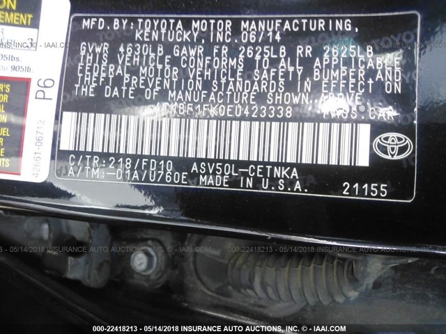 4T1BF1FK0EU423338 - 2014 TOYOTA CAMRY L/SE/LE/XLE 黑色 照片 9