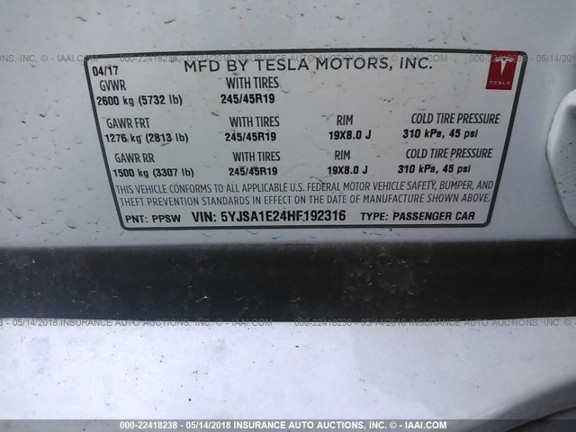 5YJSA1E24HF192316 - 2017 TESLA MODEL S WHITE photo 9