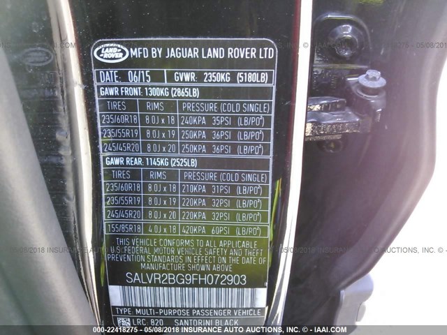 SALVR2BG9FH072903 - 2015 LAND ROVER RANGE ROVER EVOQU PURE PREMIUM BLACK photo 9