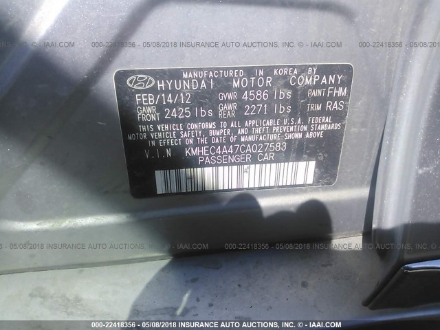 KMHEC4A47CA027583 - 2012 HYUNDAI SONATA HYBRID GRAY photo 9