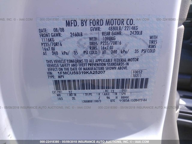 1FMCU59319KA25207 - 2009 FORD ESCAPE HYBRID WHITE photo 9