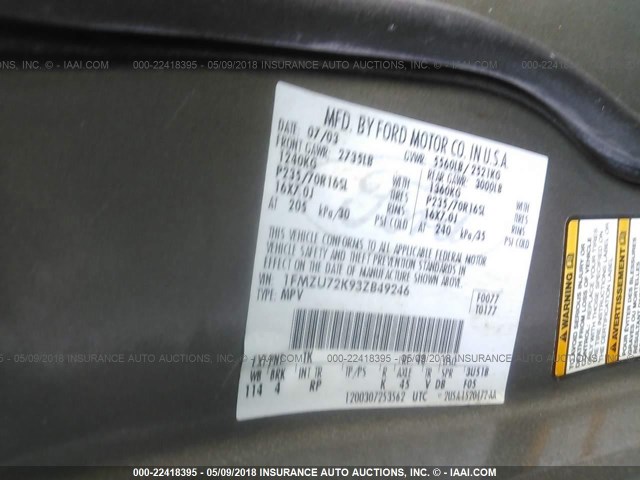 1FMZU72K93ZB49246 - 2003 FORD EXPLORER XLS/XLS SPORT 棕色 照片 9