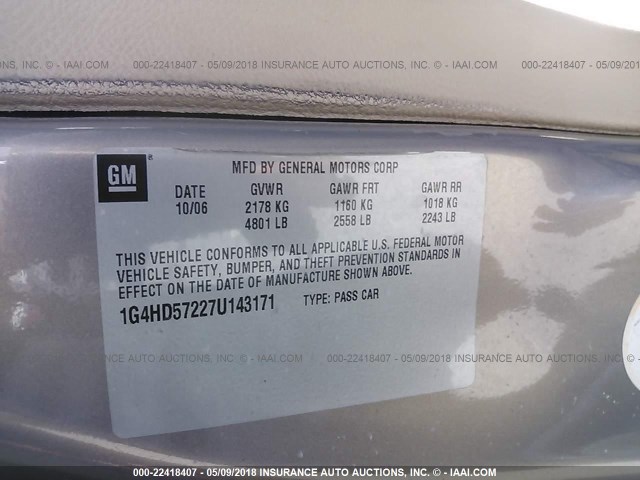 1G4HD57227U143171 - 2007 BUICK LUCERNE CXL GOLD photo 9