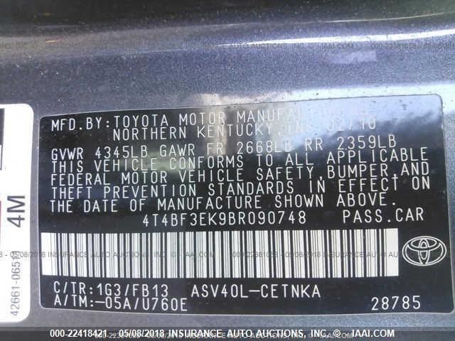 4T4BF3EK9BR090748 - 2011 TOYOTA CAMRY SE/LE/XLE GRAY photo 9