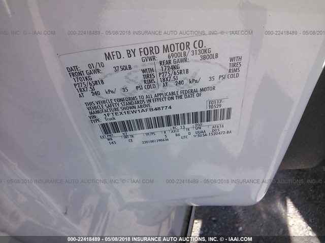 1FTEX1EW1AFB48774 - 2010 FORD F150 SUPER CAB WHITE photo 9