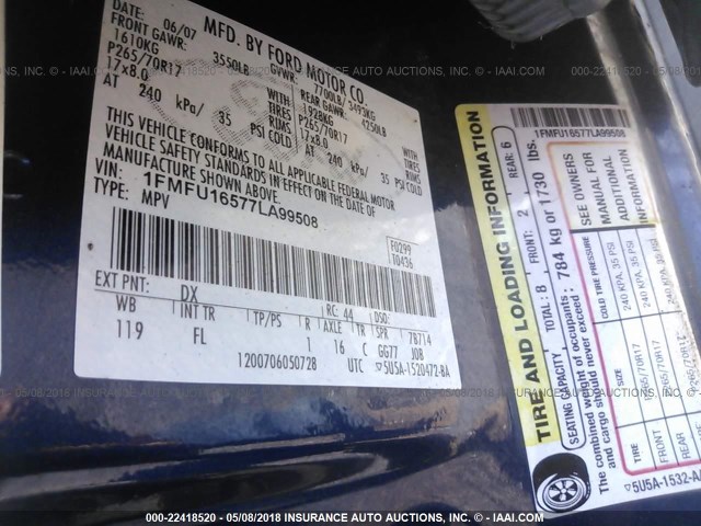 1FMFU16577LA99508 - 2007 FORD EXPEDITION XLT ლურჯი ფოტო 9