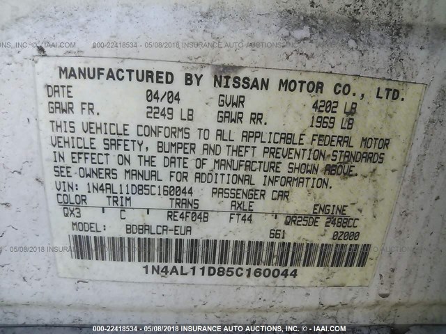 1N4AL11D85C160044 - 2005 NISSAN ALTIMA S/SL WHITE photo 9