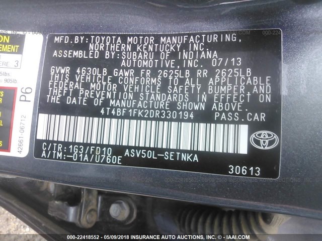 4T4BF1FK2DR330194 - 2013 TOYOTA CAMRY L/SE/LE/XLE GRAY photo 9