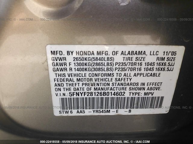 5FNYF28126B014602 - 2006 HONDA PILOT LX GOLD photo 9