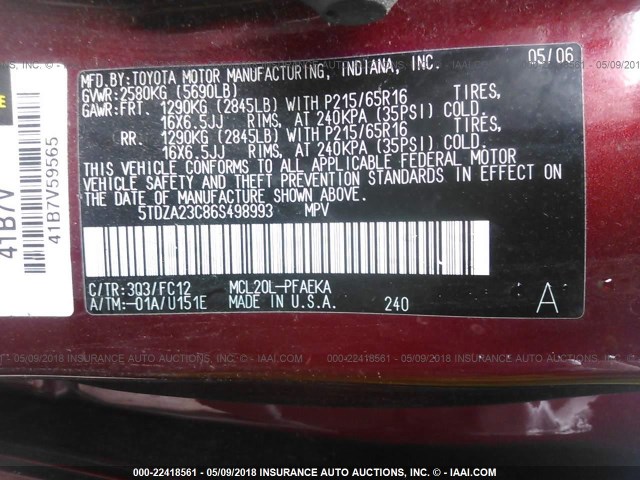 5TDZA23C86S498993 - 2006 TOYOTA SIENNA CE/LE RED photo 9