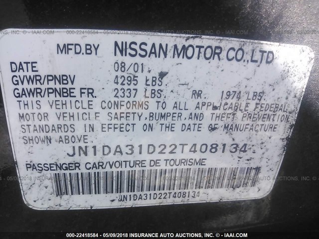 JN1DA31D22T408134 - 2002 NISSAN MAXIMA GLE/GXE/SE BLACK photo 9