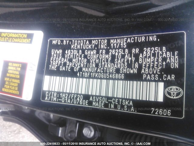 4T1BF1FK0GU546866 - 2016 TOYOTA CAMRY LE/XLE/SE/XSE BLUE photo 9