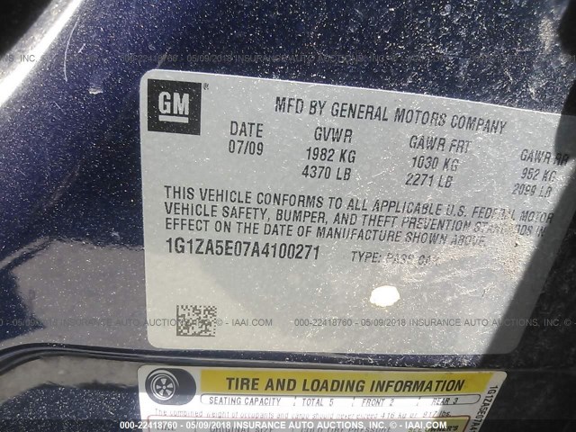 1G1ZA5E07A4100271 - 2010 CHEVROLET MALIBU LS 蓝色 照片 9