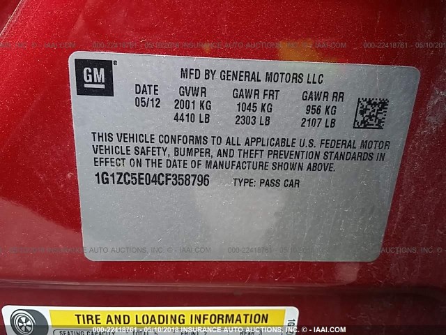 1G1ZC5E04CF358796 - 2012 CHEVROLET MALIBU 1LT 红色 照片 9