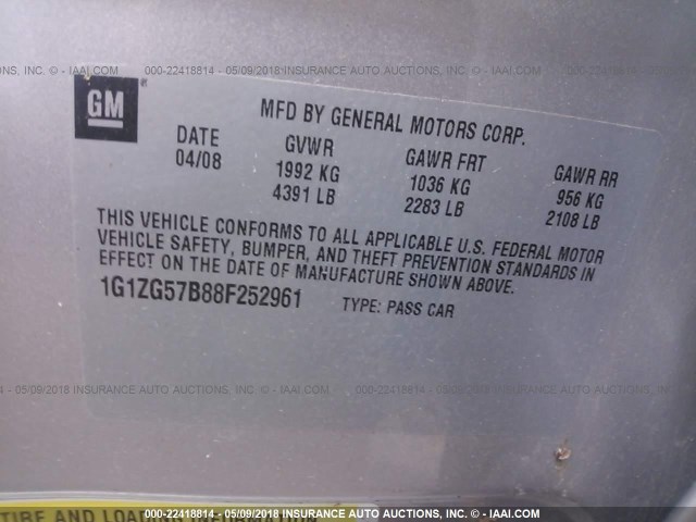 1G1ZG57B88F252961 - 2008 CHEVROLET MALIBU LS 银色 照片 9