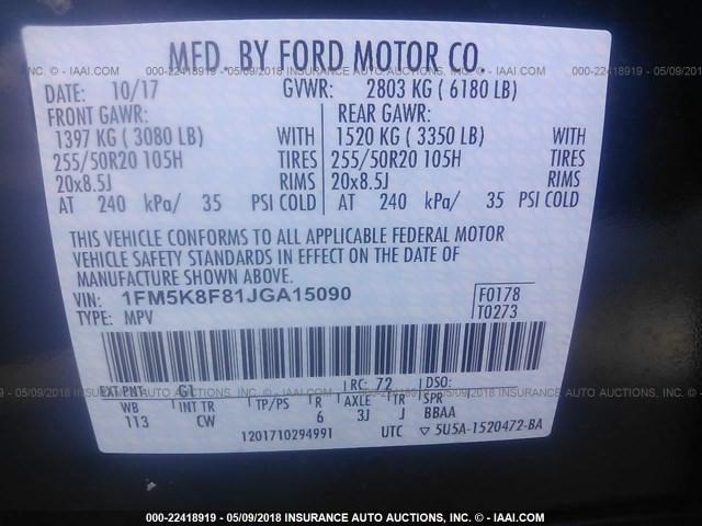 1FM5K8F81JGA15090 - 2018 FORD EXPLORER LIMITED 黑色 照片 9