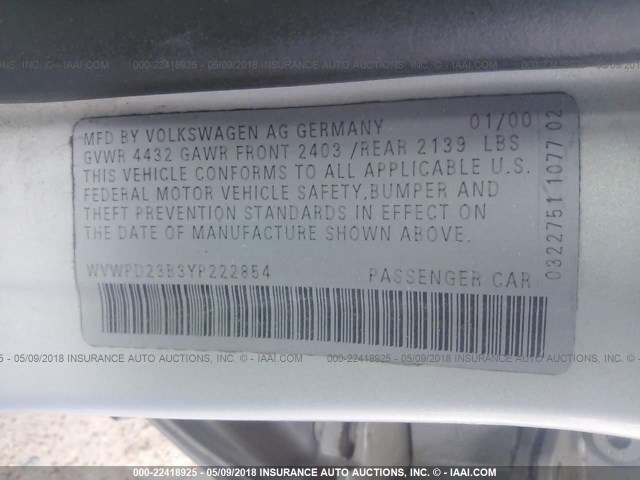 WVWPD23B3YP222854 - 2000 VOLKSWAGEN PASSAT GLX 灰色 照片 9
