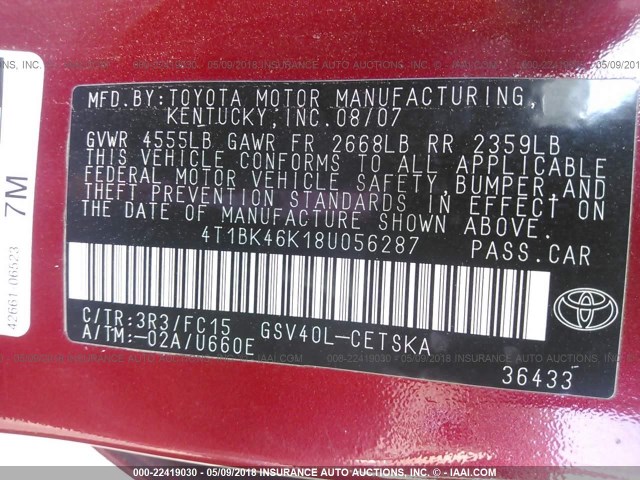 4T1BK46K18U056287 - 2008 TOYOTA CAMRY LE/XLE/SE 红色 照片 9